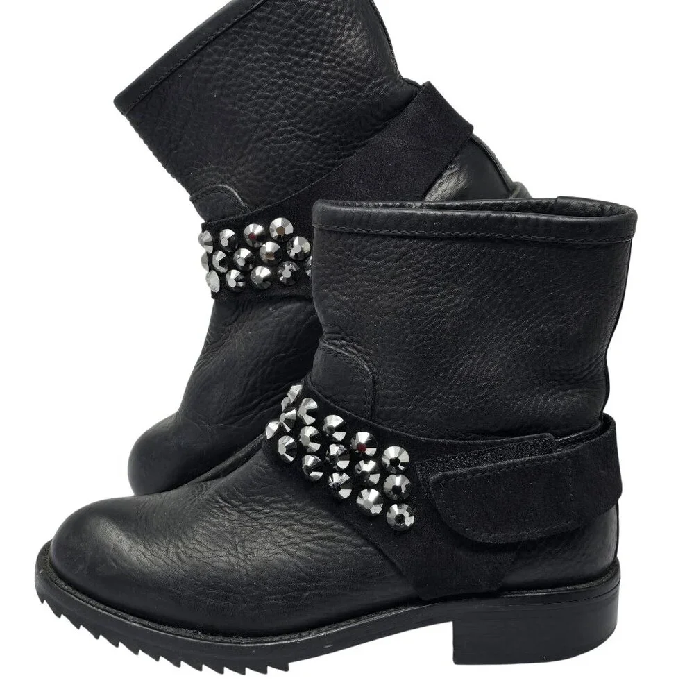 Pedro Garcia Kian Black Leather Swarovski Embellished Moto Boots, Women's 36 - Picture 1 of 7